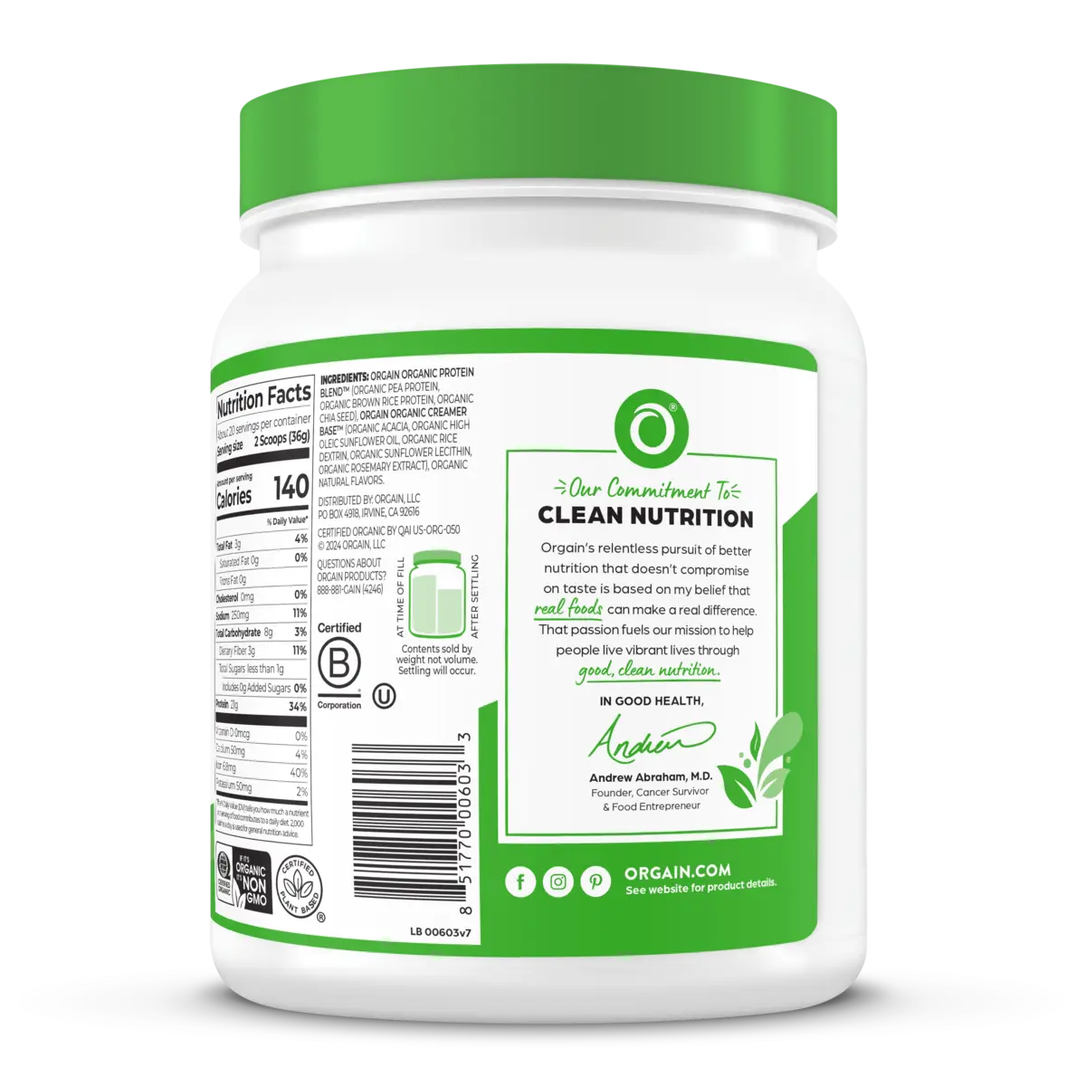 Organic Protein™ Plant Based Protein Powder - Natural Unsweetened